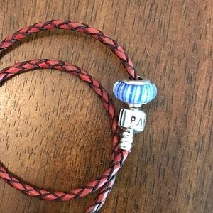 Pandora Blue/Silver Stripe Charm, Murano Glass